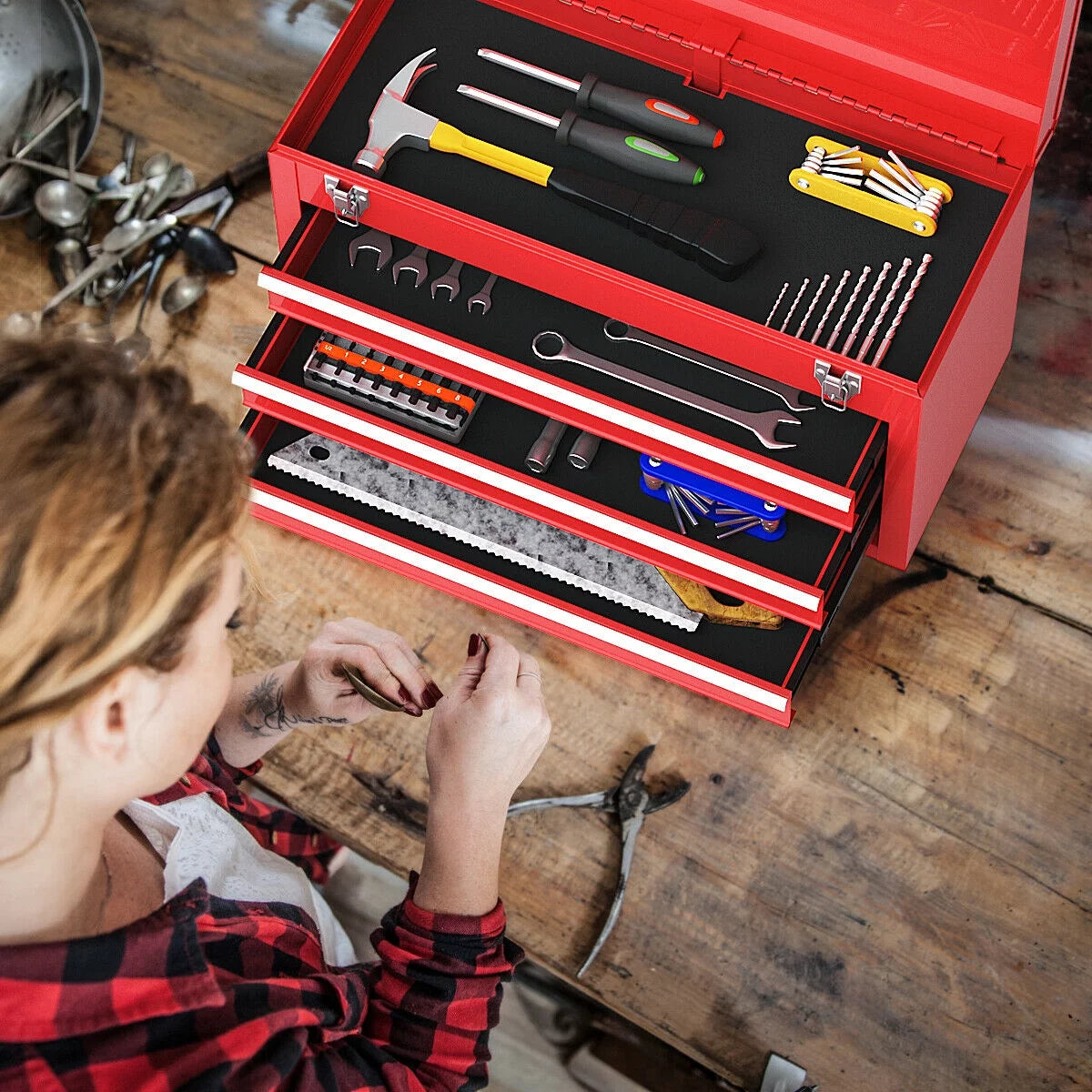 Portable 3 Drawers Red Tool Chest D8838