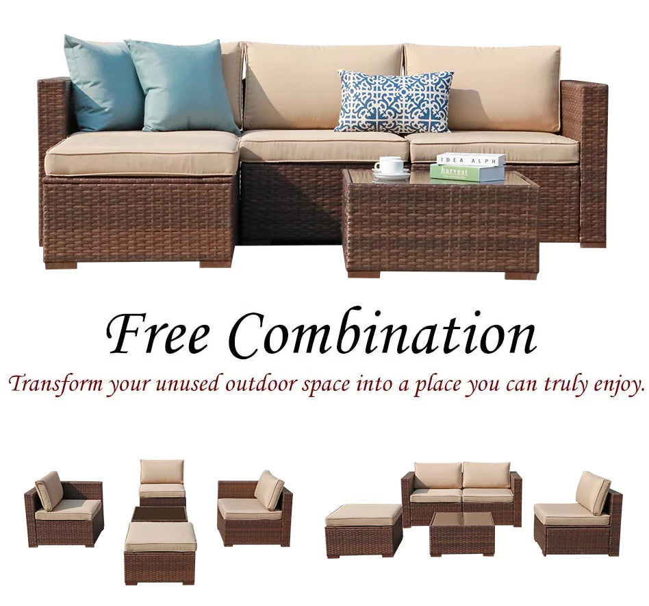 5-Piece Patio Furniture Set, Brown PE Wicker with Beige Cushions P192