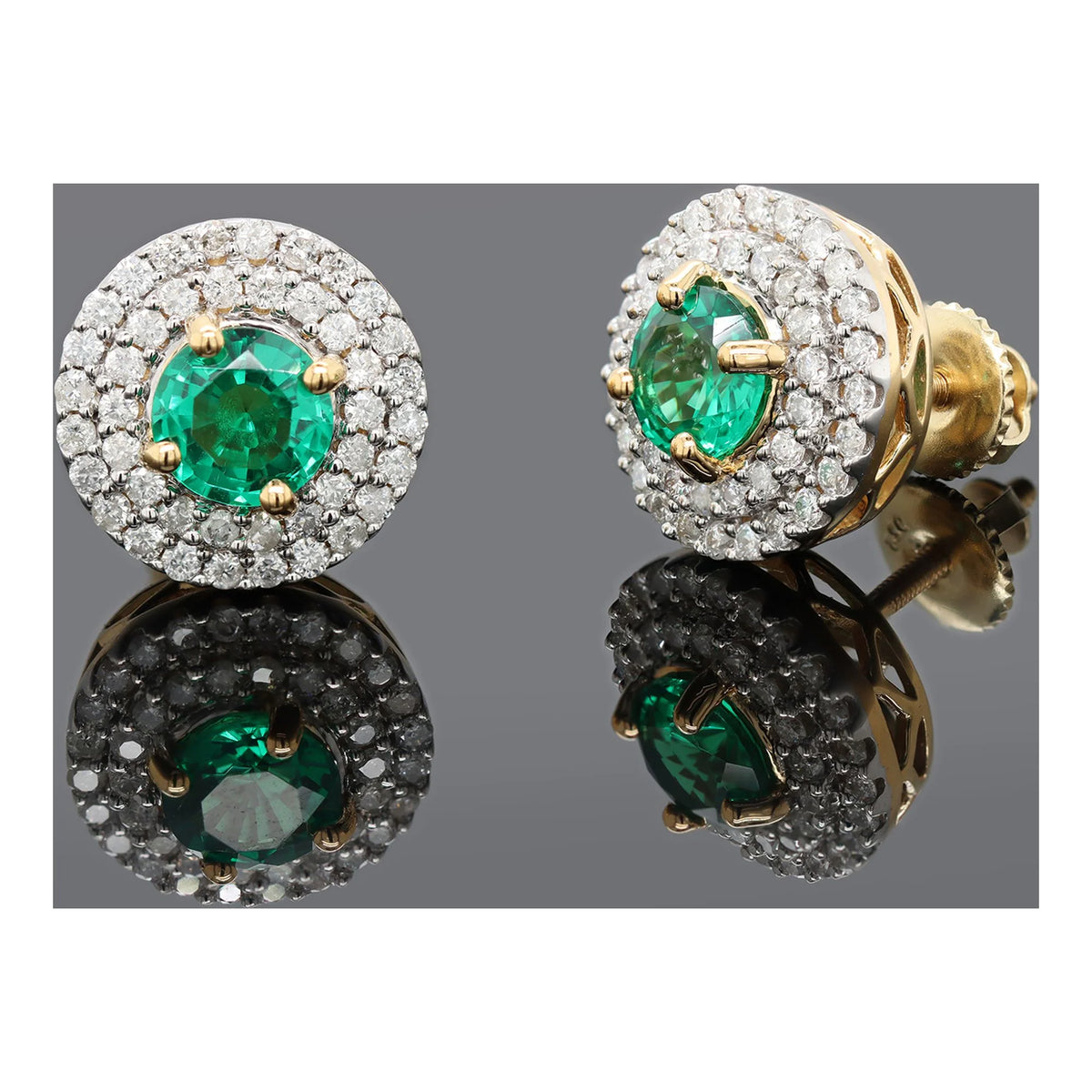 3 Carat Round Green Emerald and Natural Diamond Double Halo Stud Earrings in 18K Yellow Gold Plated S43535