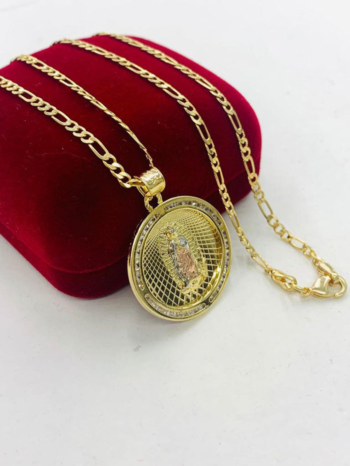 14K Gold Filled Tri Color Virgen de Guadalupe Necklace Figaro Chain B10604
