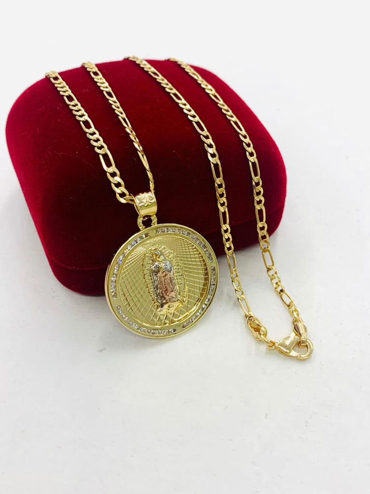 14K Gold Filled Tri Color Virgen de Guadalupe Necklace Figaro Chain B10604