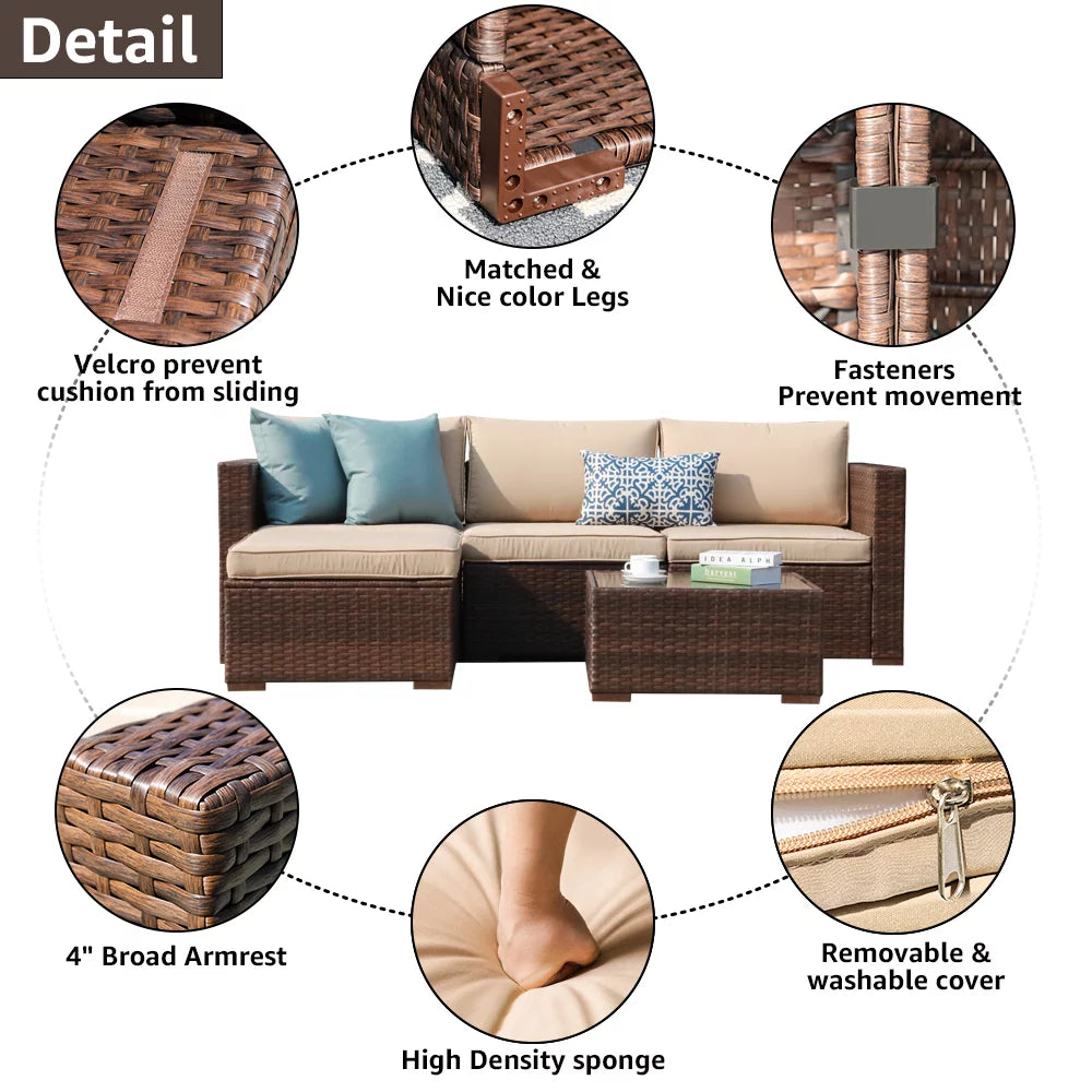 5-Piece Patio Furniture Set, Brown PE Wicker with Beige Cushions P192