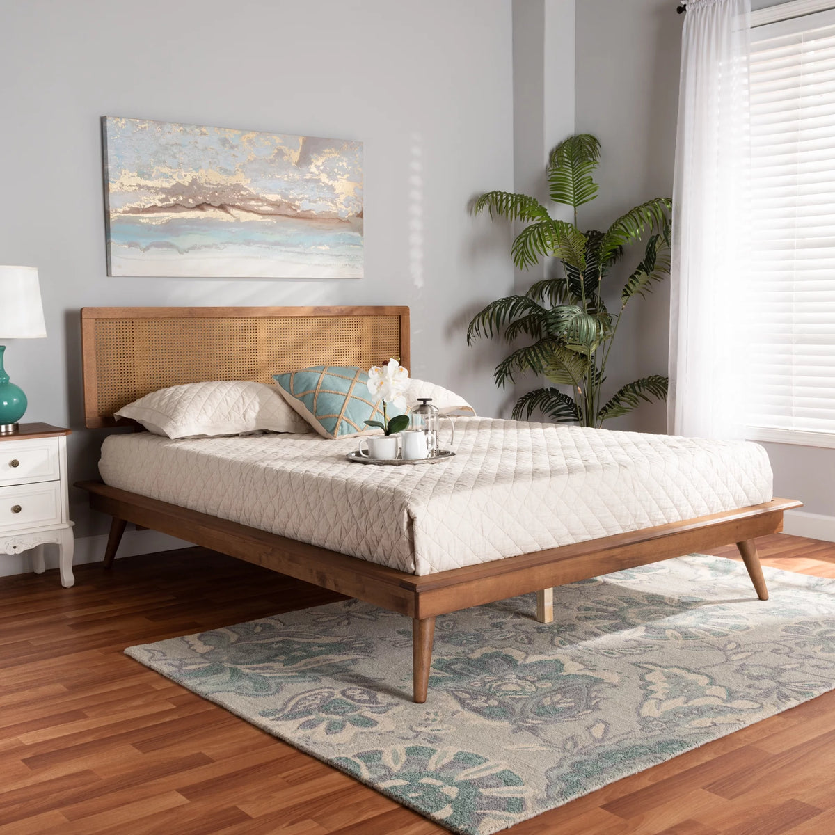Walnut Brown Wood and Synthetic Rattan Full Size Platform Bed D481