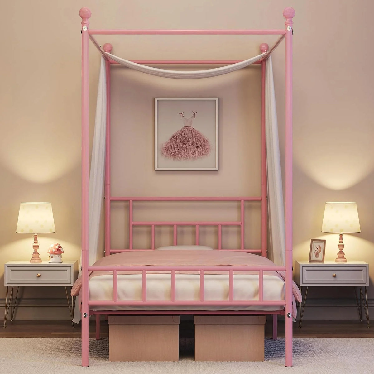 Pink Metal Twin Canopy Bed Frame with Headboard and Footboard I89061