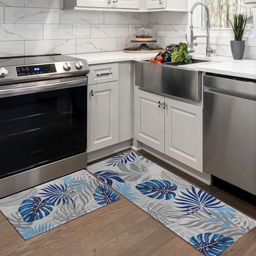 Green Brown Turquoise Teal Kitchen Rugs Set of 2 Non-Slip Runner Rug, 17x30 and 17x47 Inch O3304