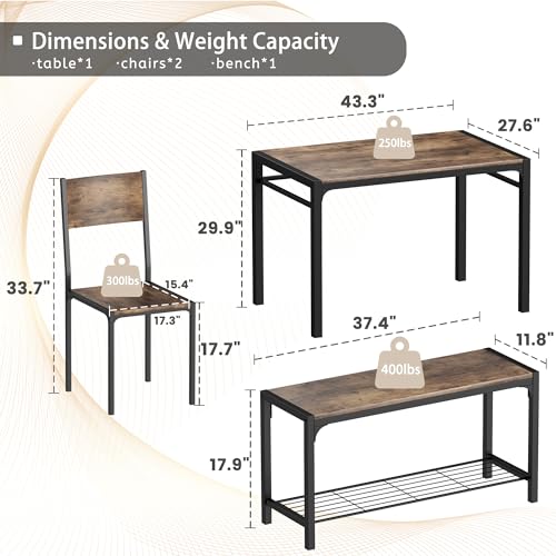 43.3" Dining Table Set for 4 with Bench & 2 Chairs Grey N136025
