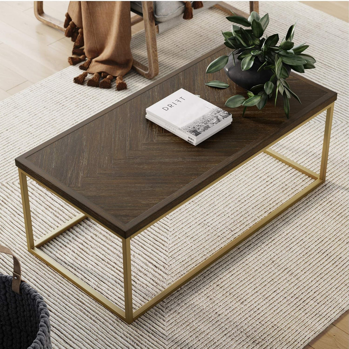 Walnut Acacia Veneer and Metal Rectangle Coffee Table K930813