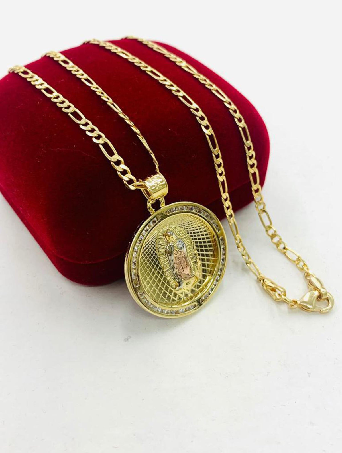 14K Gold Filled Tri Color Virgen de Guadalupe Necklace Figaro Chain B10604