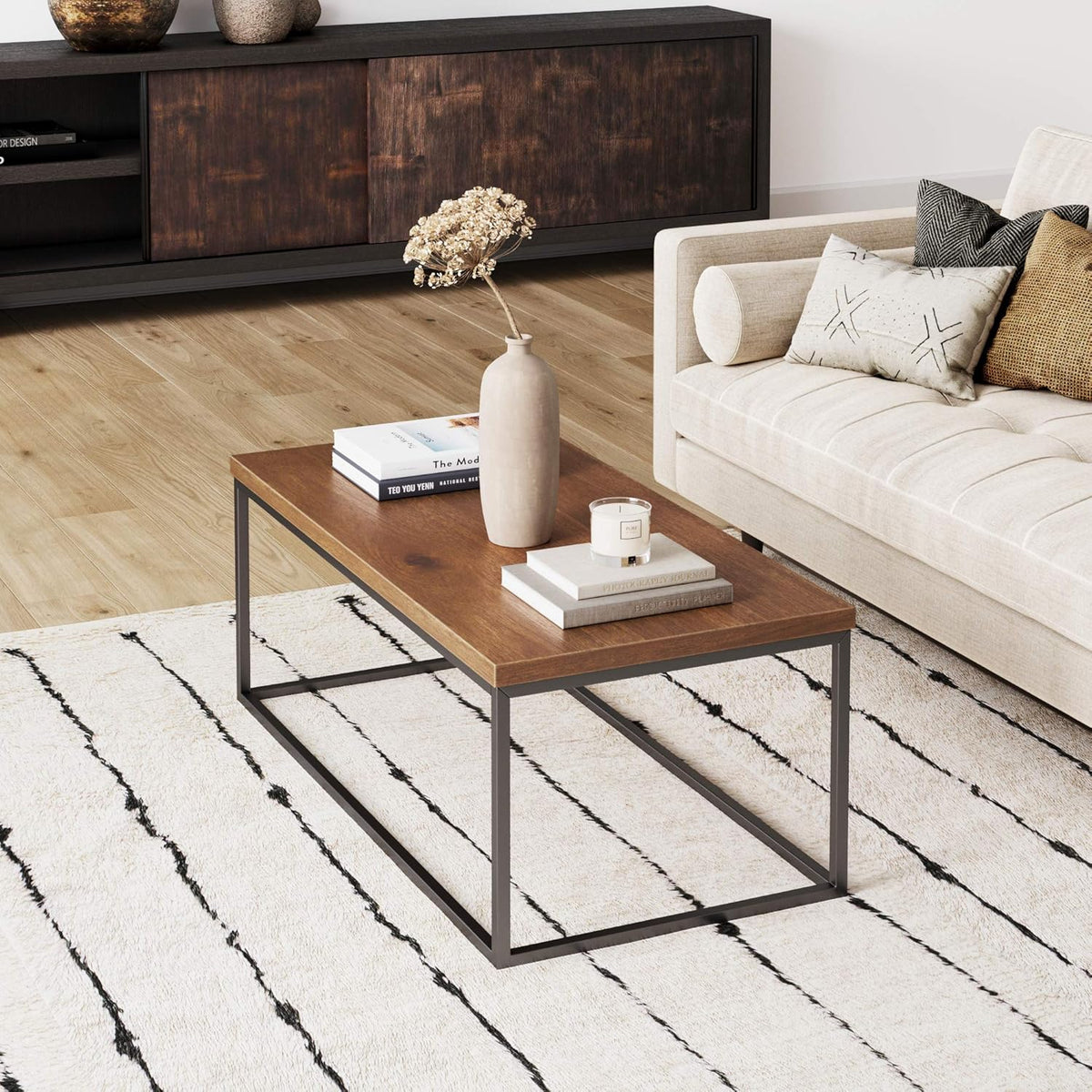 Walnut Acacia Veneer and Metal Rectangle Coffee Table K930813