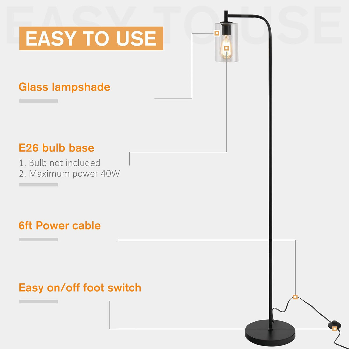 Black Floor Lamp with Glass Shade H591022