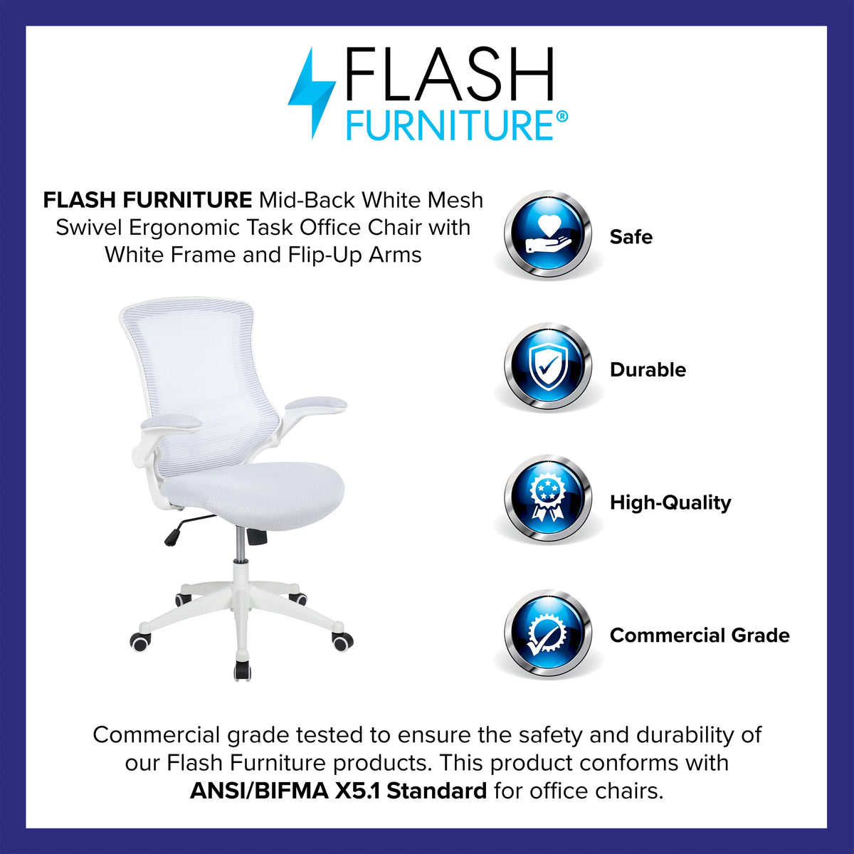 Mid-Back White Mesh Ergonomic Task Office Chair with Flip-Up Arms T254814