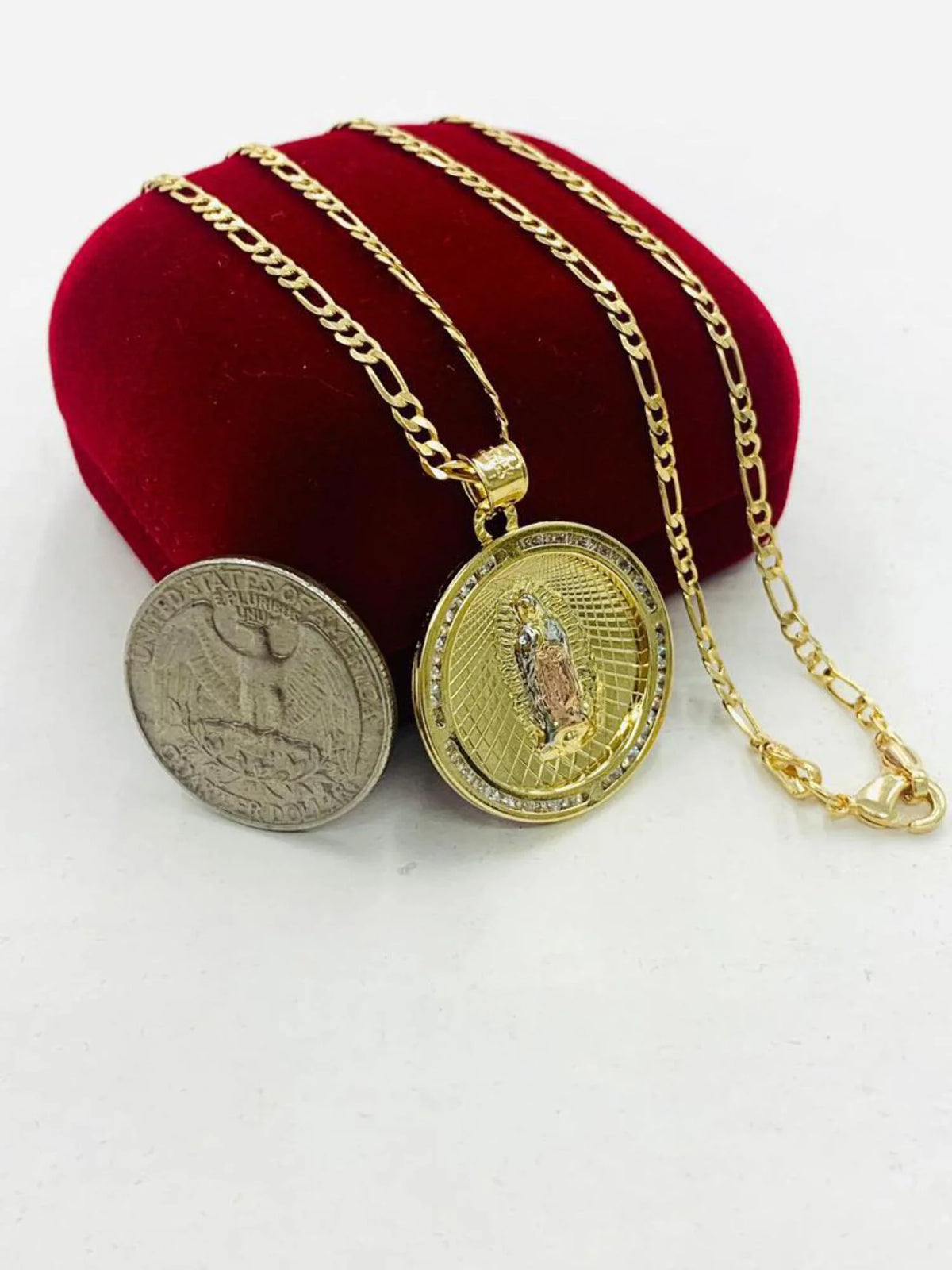 14K Gold Filled Tri Color Virgen de Guadalupe Necklace Figaro Chain B10604