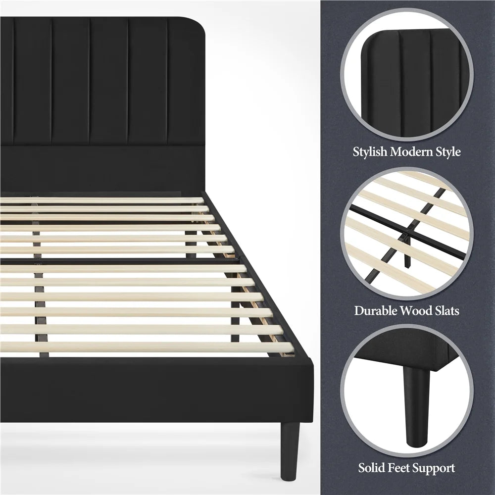 Black Upholstered Queen Platform Bed with Headboard R8647