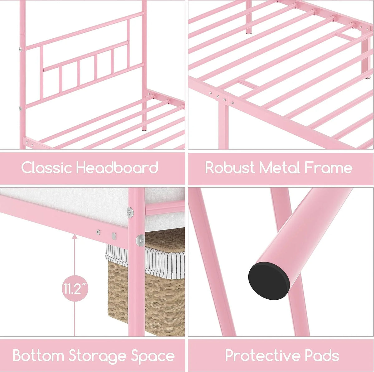 Pink Metal Twin Canopy Bed Frame with Headboard and Footboard I89061