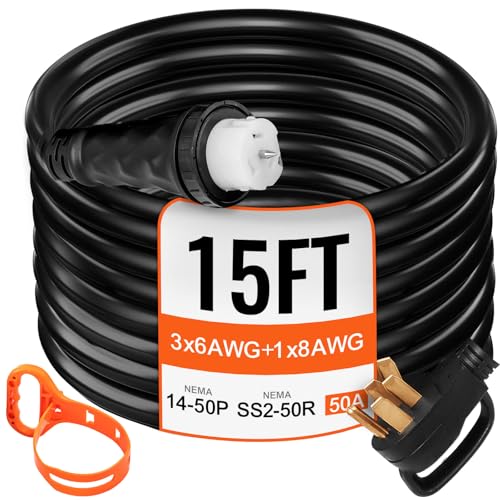 15 FT 50 Amp Generator Extension Cord NEMA 14-50P to SS2-50R & CS6364, STW 6/3+8/1 AWG 125/250V Generator Power Cord Twist Lock Connectors Y38814