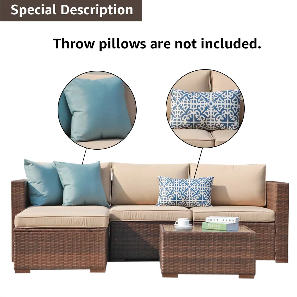 5-Piece Patio Furniture Set, Brown PE Wicker with Beige Cushions P192