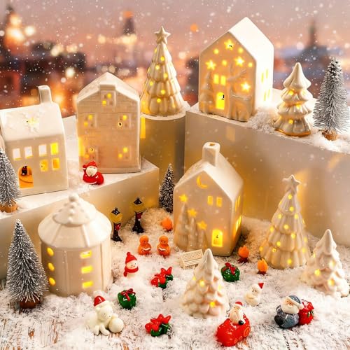 30 Pcs White Ceramic Christmas Village Set with LED Lighted Houses J707720