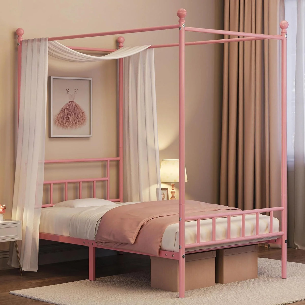Pink Metal Twin Canopy Bed Frame with Headboard and Footboard I89061
