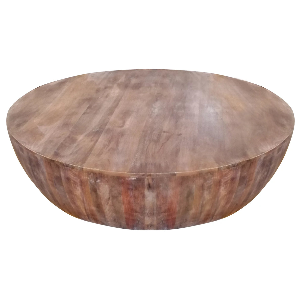 Handcarved Drum Shape Round Top Mango Wood Distressed Wooden Coffee Table, Brown V649377