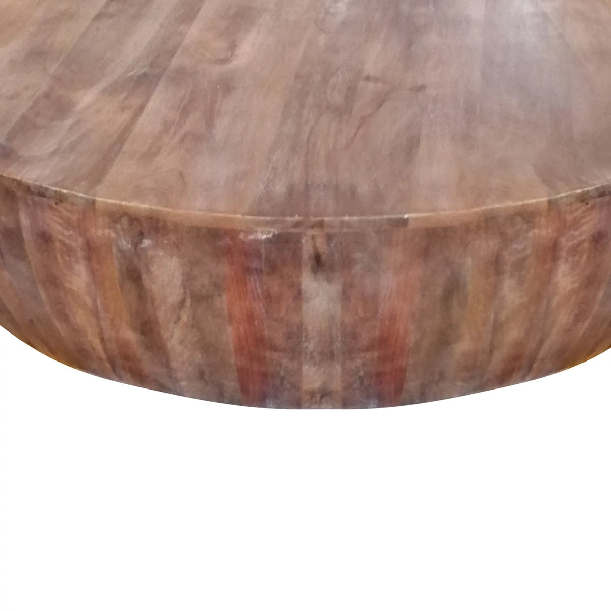 Handcarved Drum Shape Round Top Mango Wood Distressed Wooden Coffee Table, Brown V649377