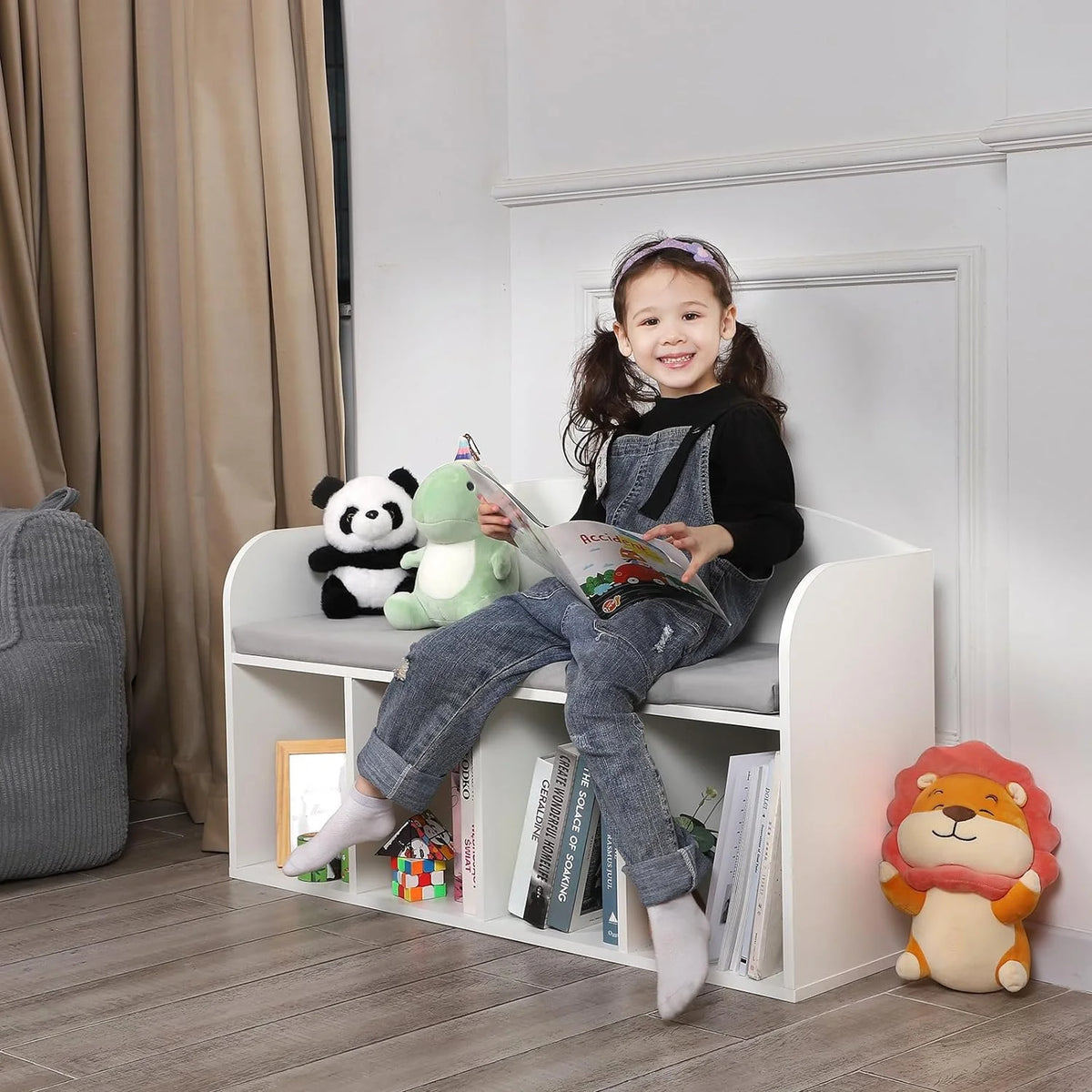 Kids Bookshelf with Reading Nook and Grey Cushion Y729489
