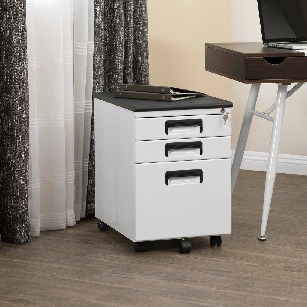 White/Black 3 Drawer Metal Rolling File Cabinet with Locking Drawers J642