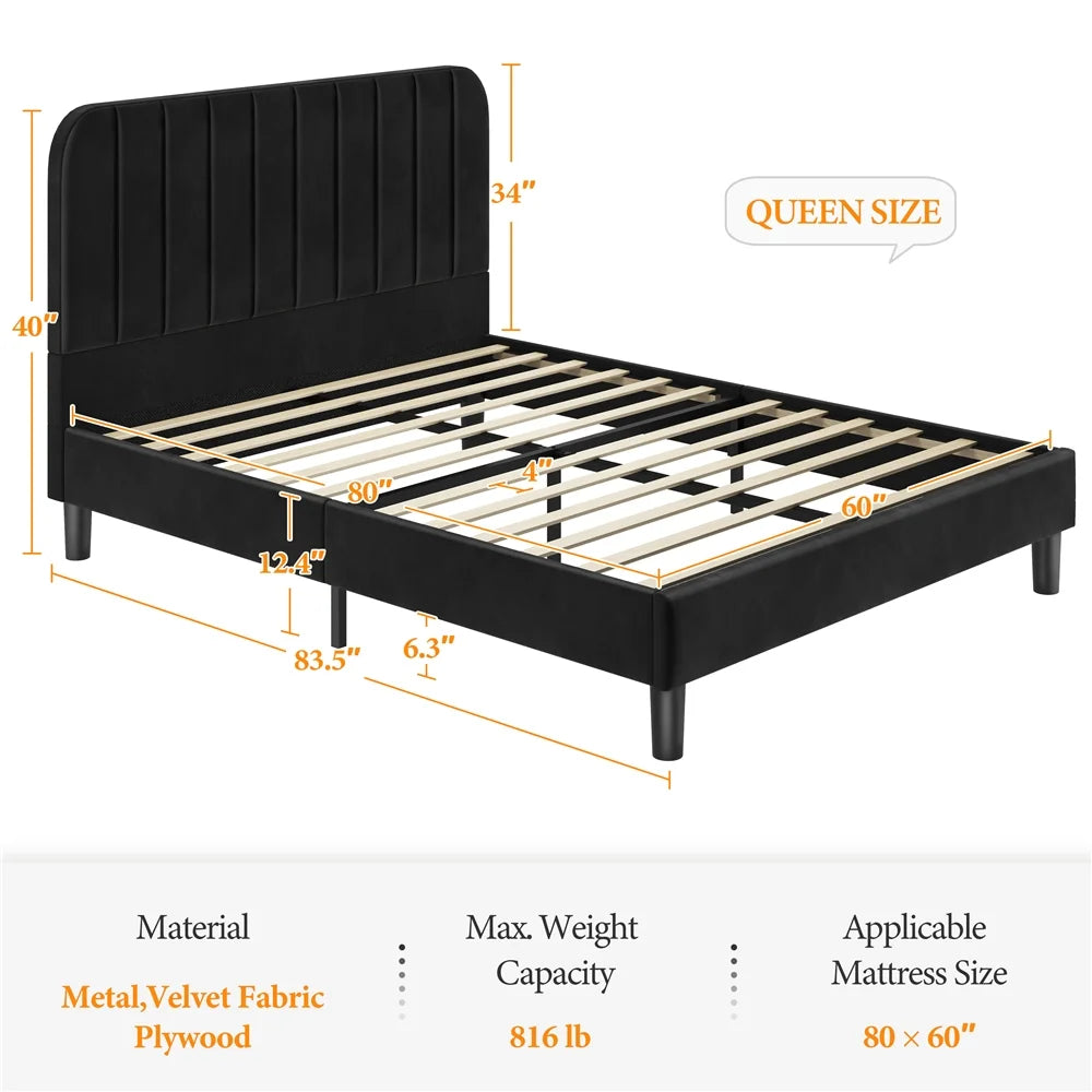 Black Upholstered Queen Platform Bed with Headboard R8647