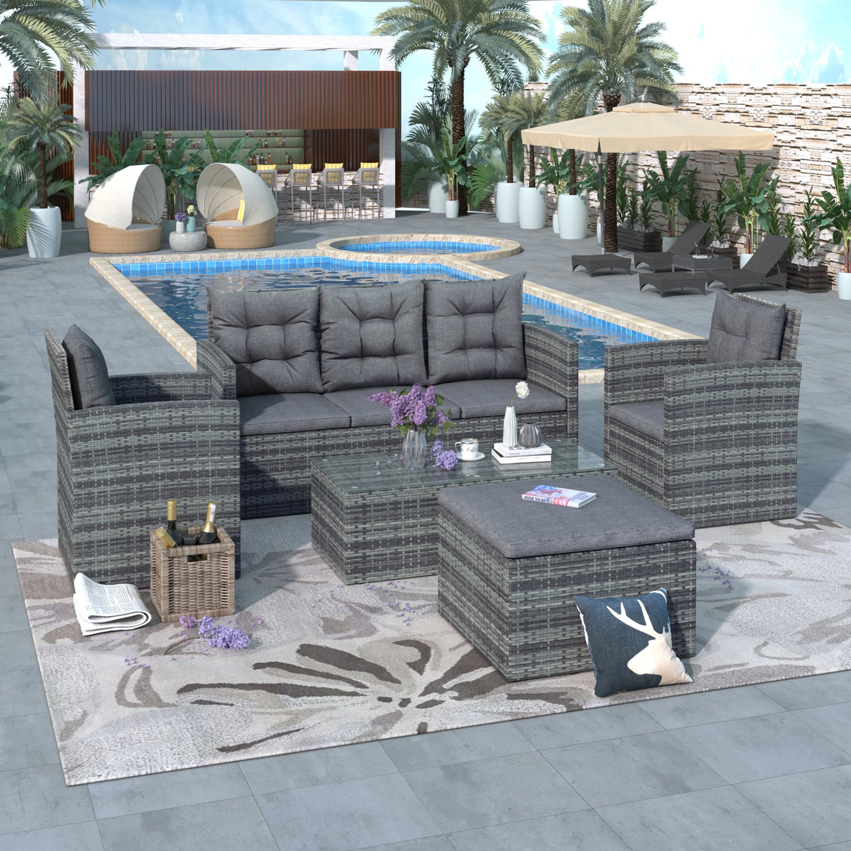 Gray PE Wicker Patio Sofa Set with Glass Table E379475
