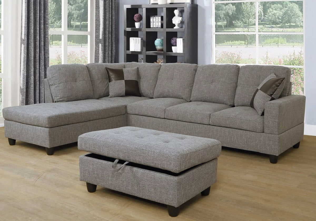 Left Hand Facing Linen Fabric Upholstered Sectional Sofa & Chaise with Ottoman D598493