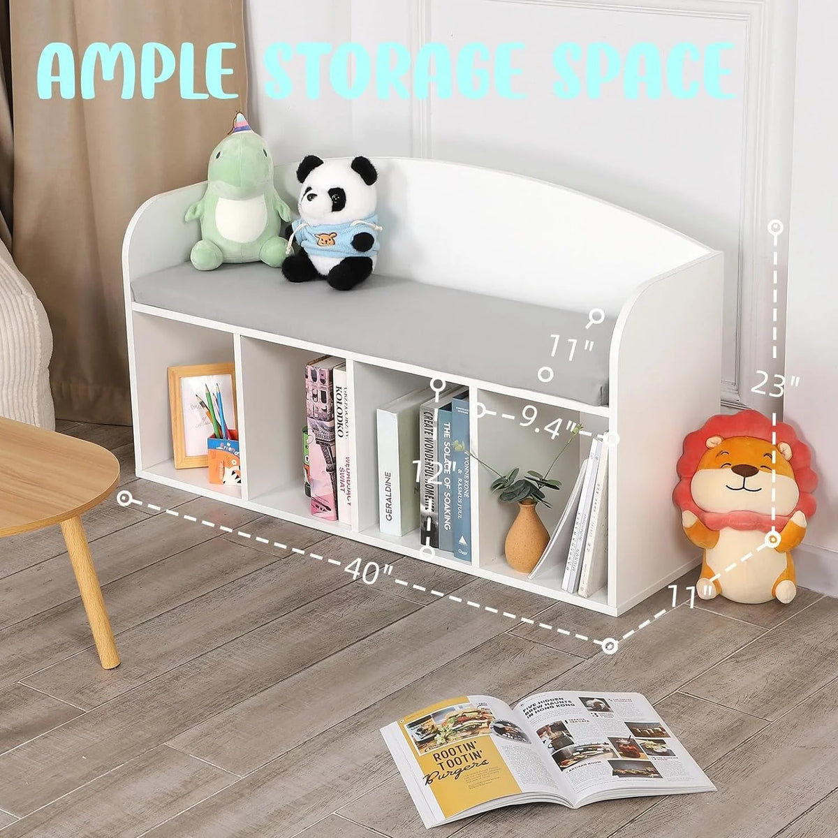 Kids Bookshelf with Reading Nook and Grey Cushion Y729489