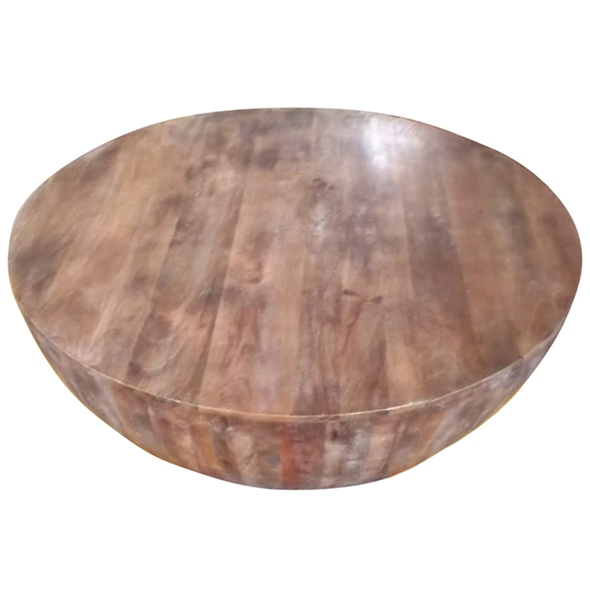 Handcarved Drum Shape Round Top Mango Wood Distressed Wooden Coffee Table, Brown V649377