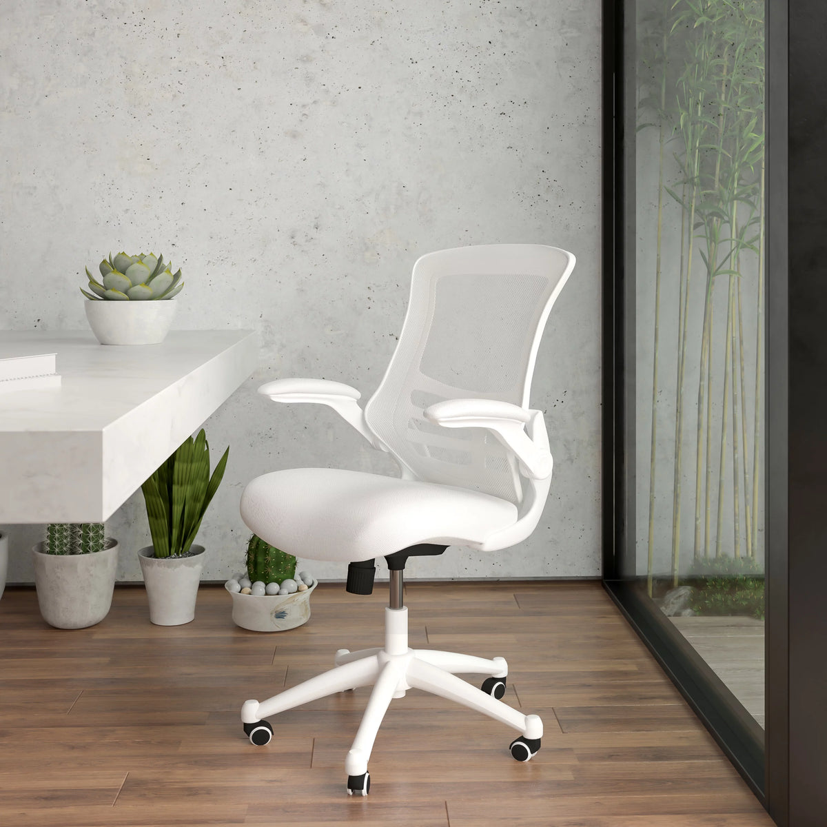 Mid-Back White Mesh Ergonomic Task Office Chair with Flip-Up Arms T254814