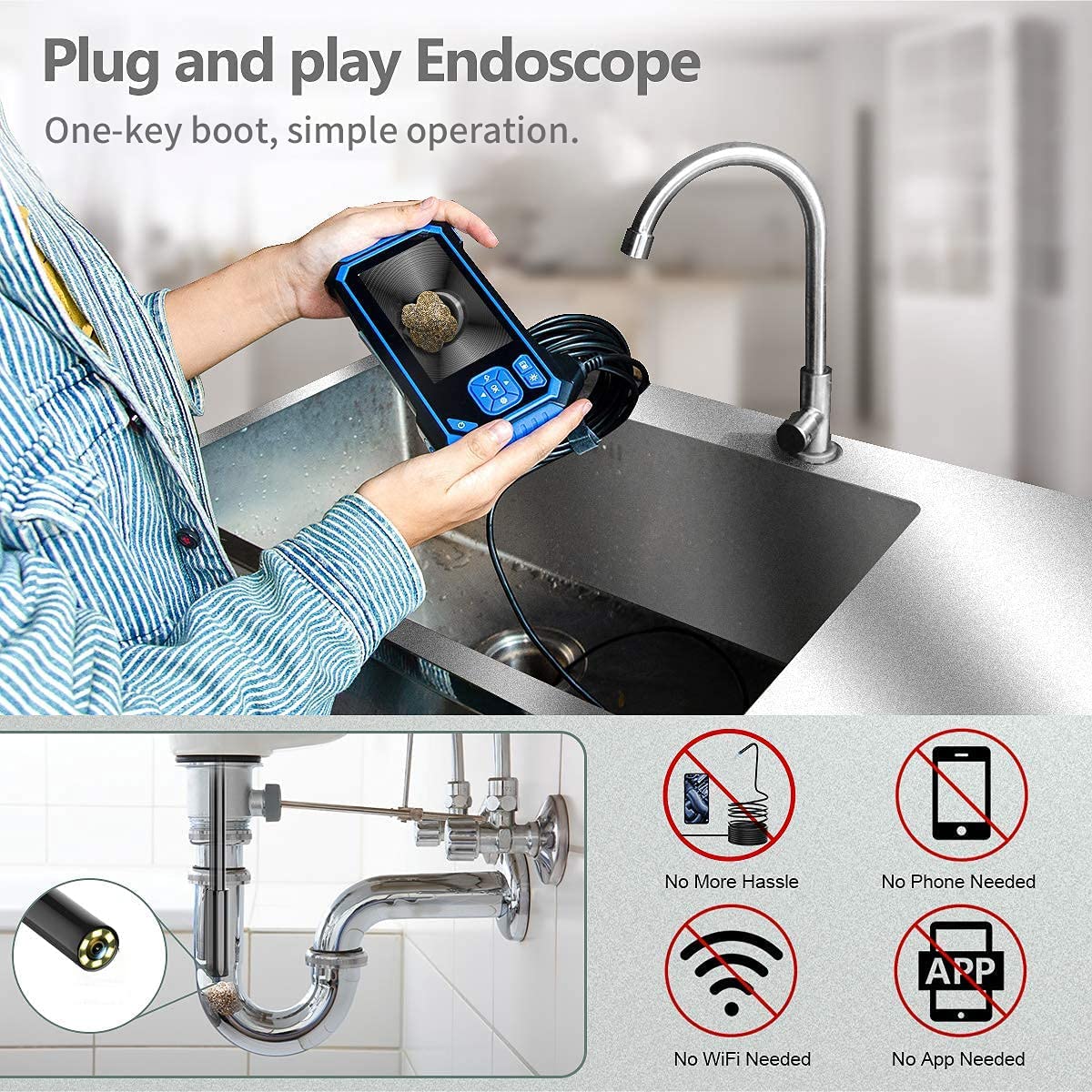 Industrial Endoscope with 32GB Card, IP67 Waterproof, 16.5FT Semi-Rigid Cable X355