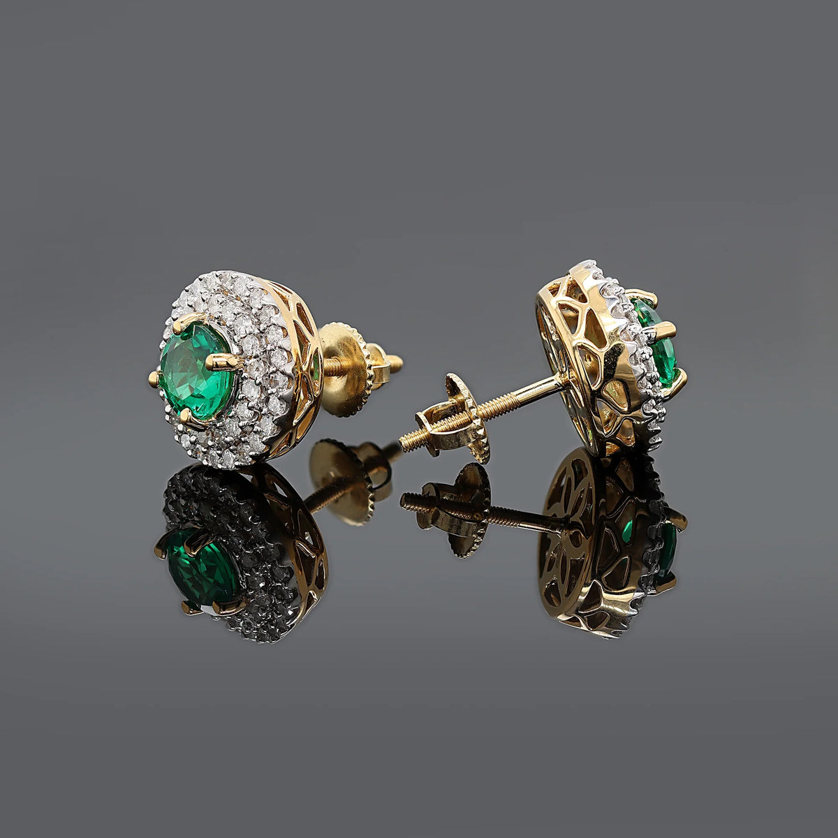 3 Carat Round Green Emerald and Natural Diamond Double Halo Stud Earrings in 18K Yellow Gold Plated S43535