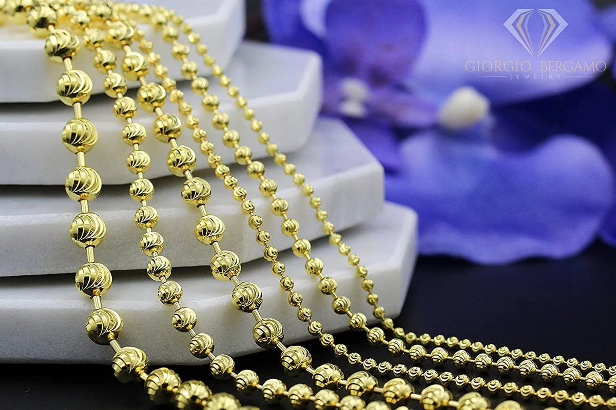 14K Yellow Gold 2mm Ball Bead Moon Cut Chain Necklace R218