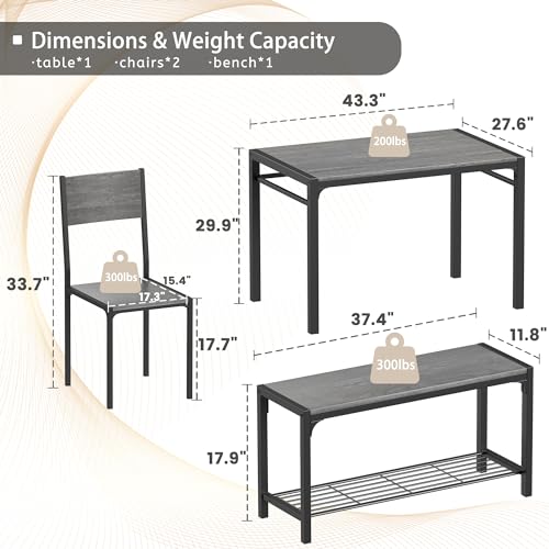 43.3" Dining Table Set for 4 with Bench & 2 Chairs Grey N136025