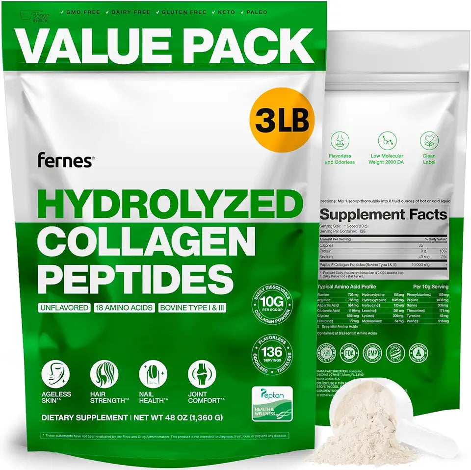 Collagen Powder 3 LB Type I & III Flavorless Hydrolyzed Peptides S4154
