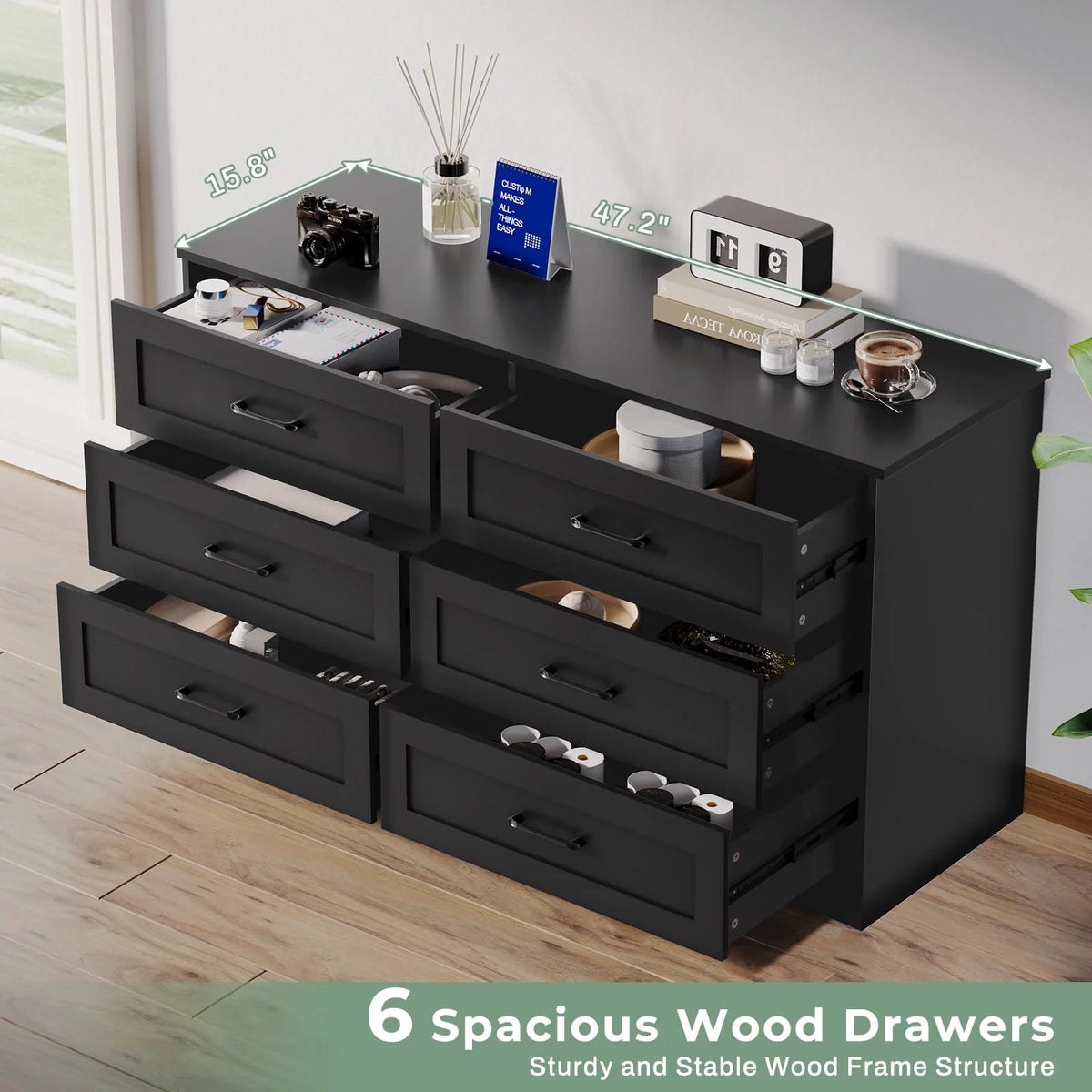 Black 6 Drawer Wood Dresser L4149