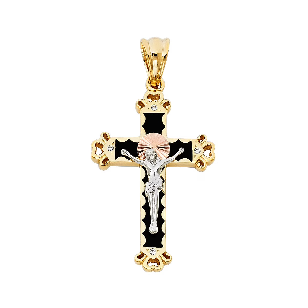 14K Tri Color Gold Cubic Zirconia Religious Crucifix Charm Pendant, 37 x 25 MM, 6.4 grams F563