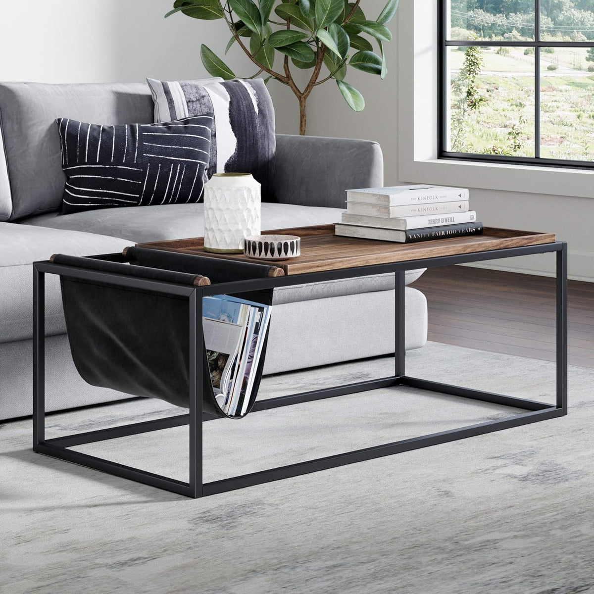 Walnut Acacia Veneer and Metal Rectangle Coffee Table K930813