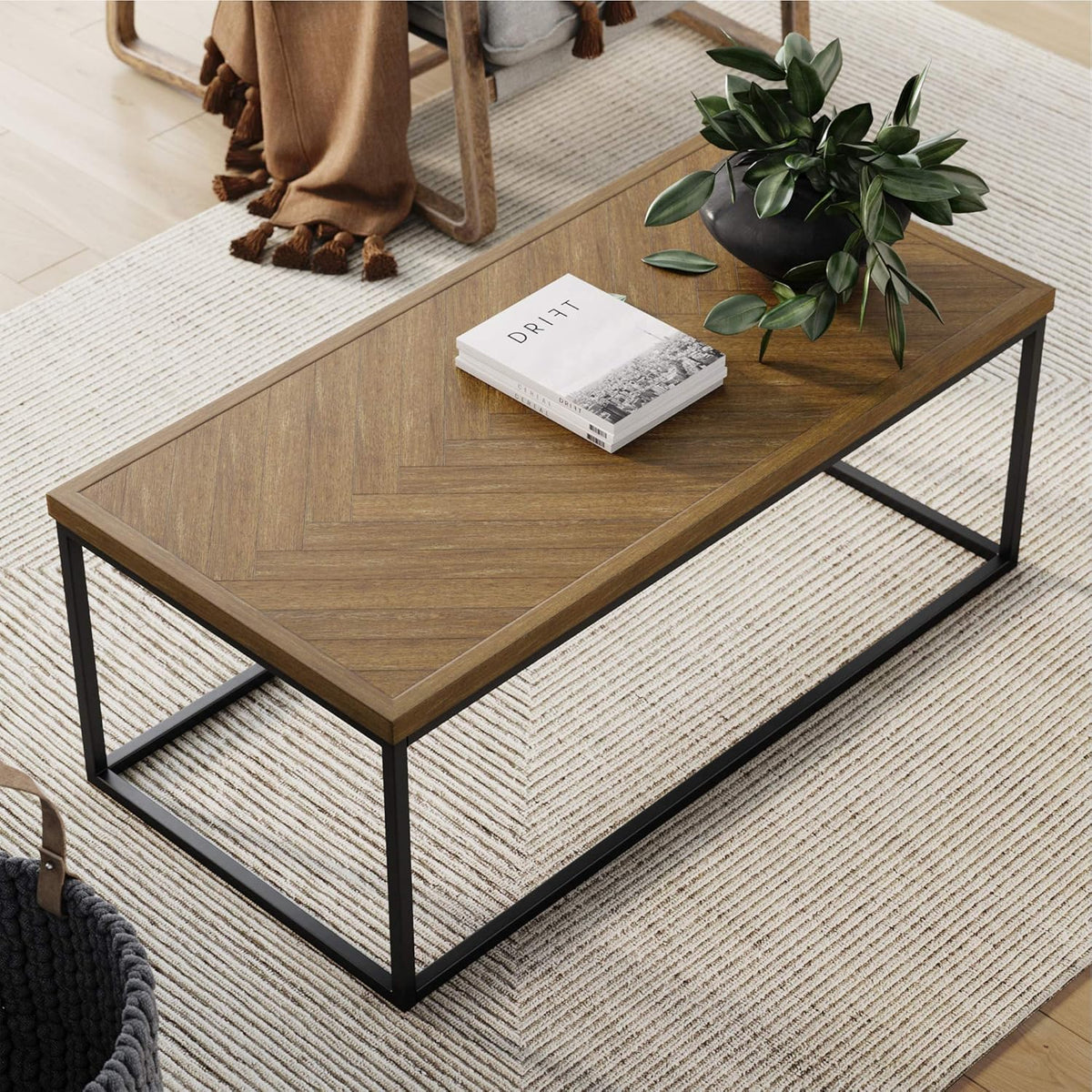 Walnut Acacia Veneer and Metal Rectangle Coffee Table K930813