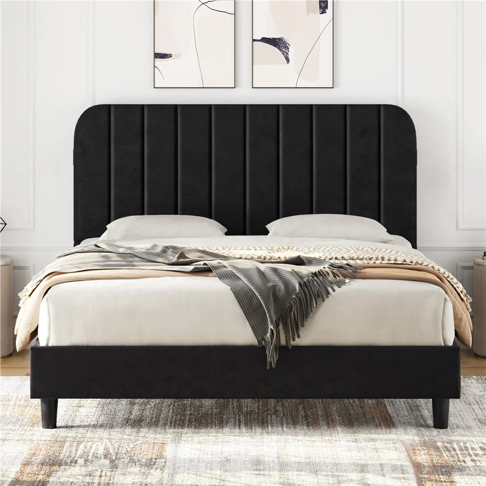 Black Upholstered Queen Platform Bed with Headboard R8647
