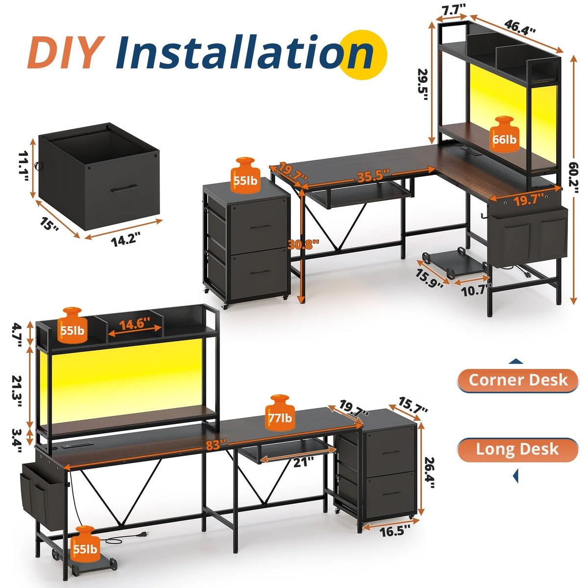 Black 55" Reversible Corner Computer Desk with Storage Shelf T2858