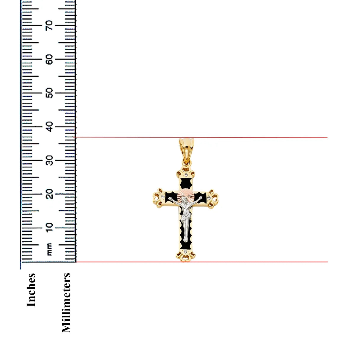 14K Tri Color Gold Cubic Zirconia Religious Crucifix Charm Pendant, 37 x 25 MM, 6.4 grams F563