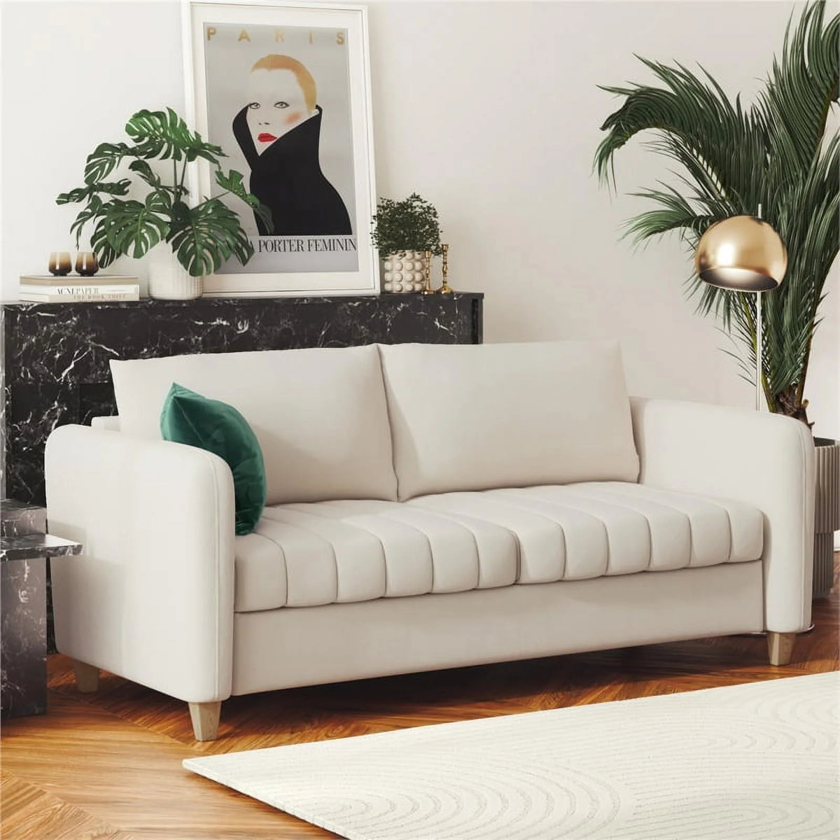 Ivory Velvet Channel Tufted Sofa K311442