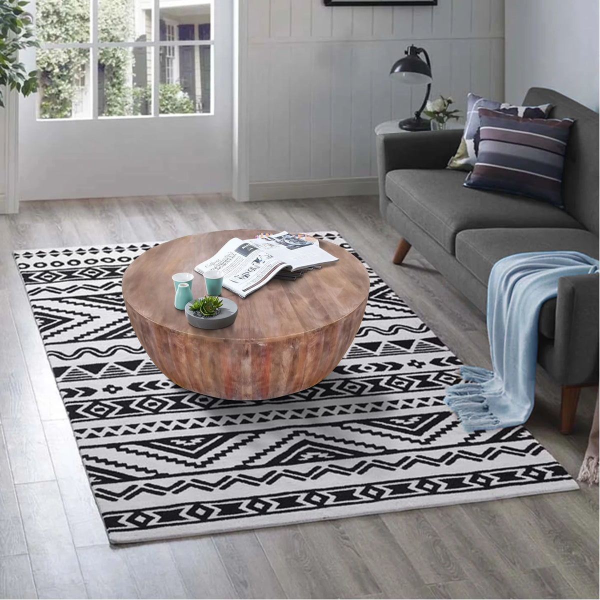 Handcarved Drum Shape Round Top Mango Wood Distressed Wooden Coffee Table, Brown V649377