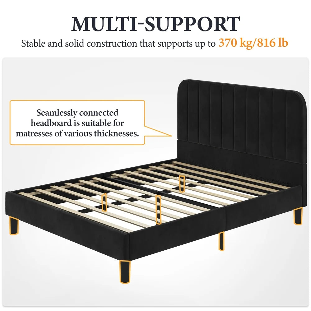 Black Upholstered Queen Platform Bed with Headboard R8647