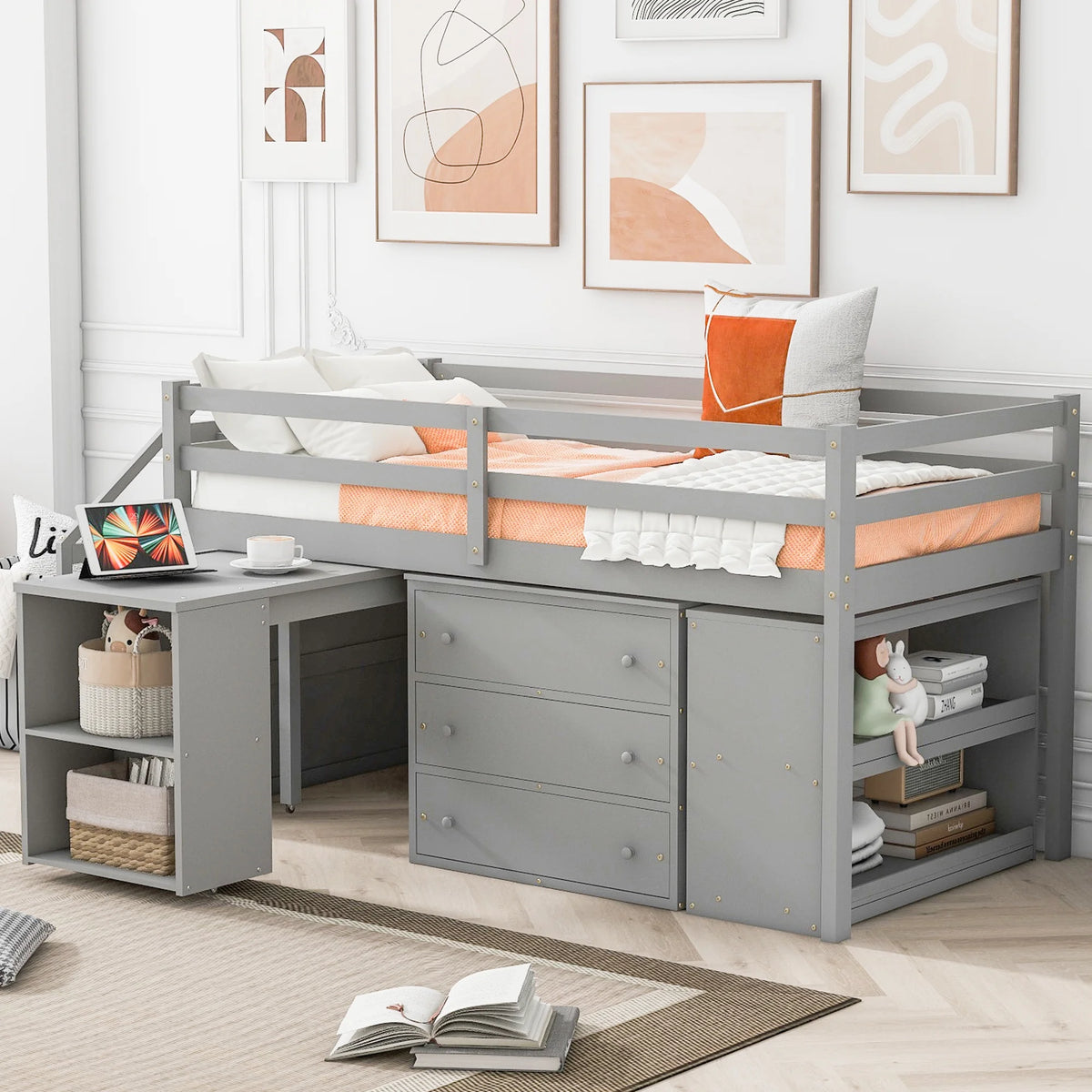 Twin Size Wooden Loft Bed with Desk and 3 Drawers H85819