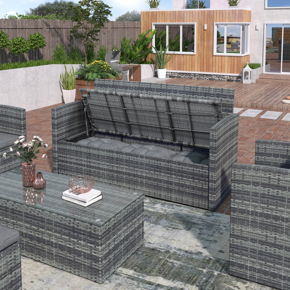 Gray PE Wicker Patio Sofa Set with Glass Table E379475